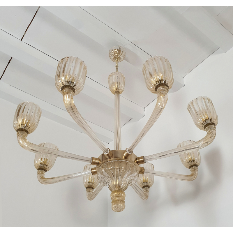 Large Murano and brass Mid Century Modern chandelier Barovier style Italy 1970s 2