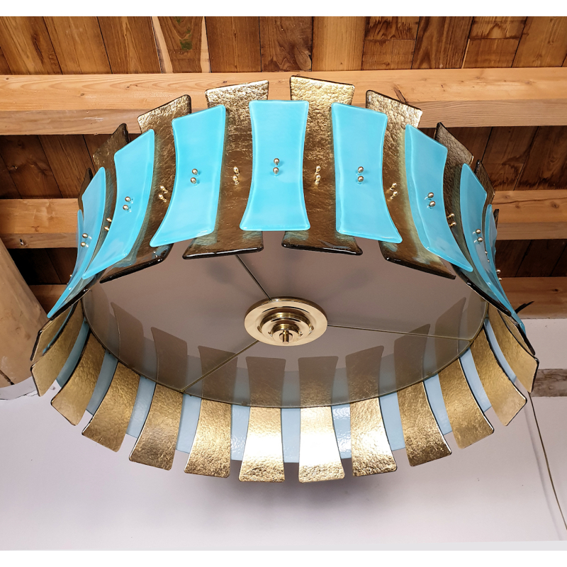 Very large Blue & gold Murano glass drum chandelier, Mid Century Modern style, Italy circa 1990s5