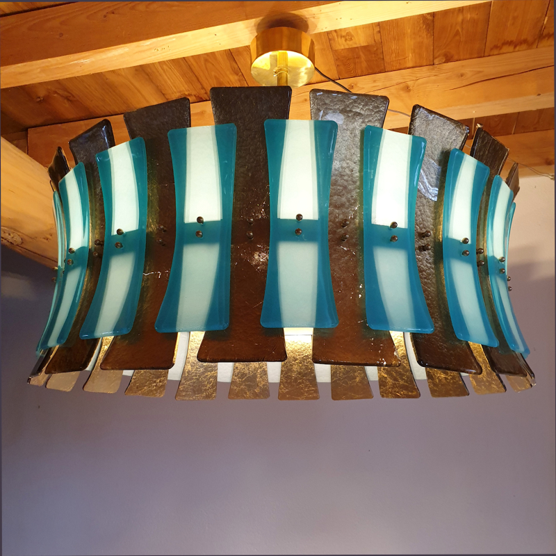 Very large Blue & gold Murano glass drum chandelier, Mid Century Modern style, Italy circa 1990s2