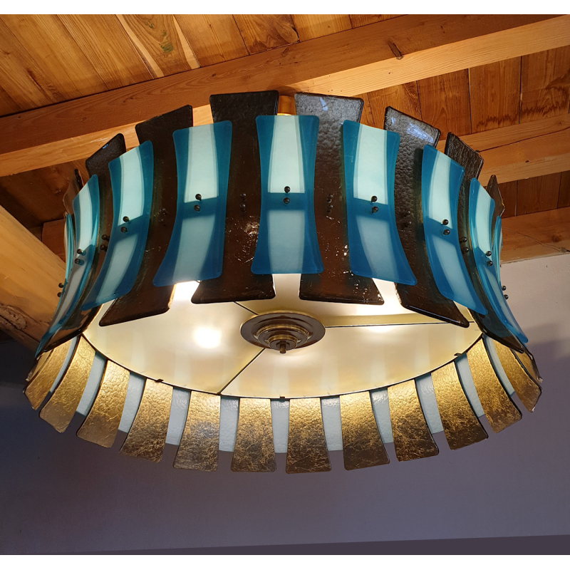 Very large Blue & gold Murano glass drum chandelier, Mid Century Modern style, Italy circa 1990s3