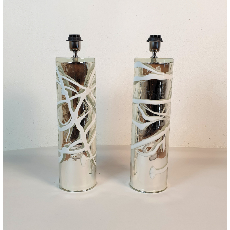 Pair of silver mirrored Cylinder Murano Glass Lamps, with white lines Mid-Century Modern, Venini Style 1970s1