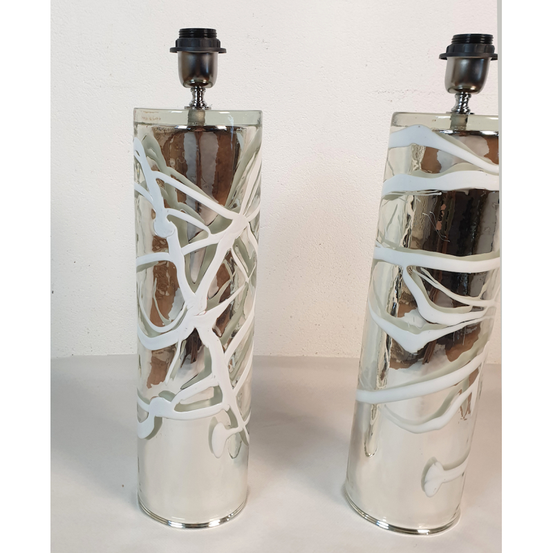 Pair of silver mirrored Cylinder Murano Glass Lamps, with white lines Mid-Century Modern, Venini Style 1970s2