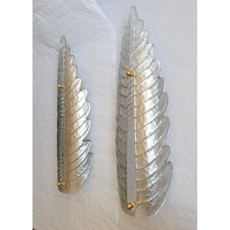 Large pair of silver Murano glass leaf sconces, Barovier style Italy 1970s0