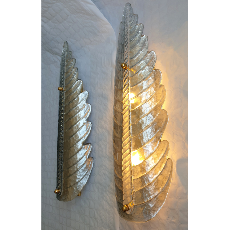 Large pair of silver Murano glass leaf sconces, Barovier style Italy 1970s1