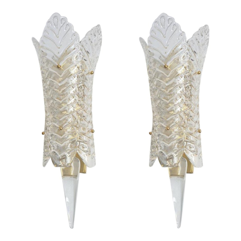 neoclassical-clear-murano-glass-and-brass-mid-century-modern-sconces-barovier-style-italy-a-pair