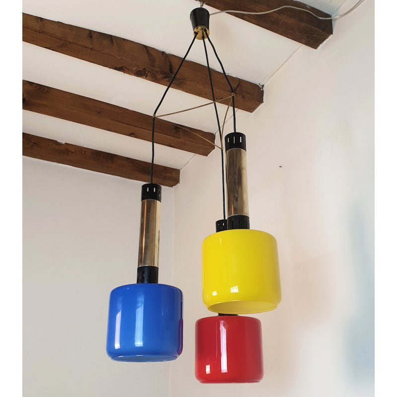 Stilnovo Mid Century Modern blue red yellow glass & brass pendant chandelier, Italy 1960s4