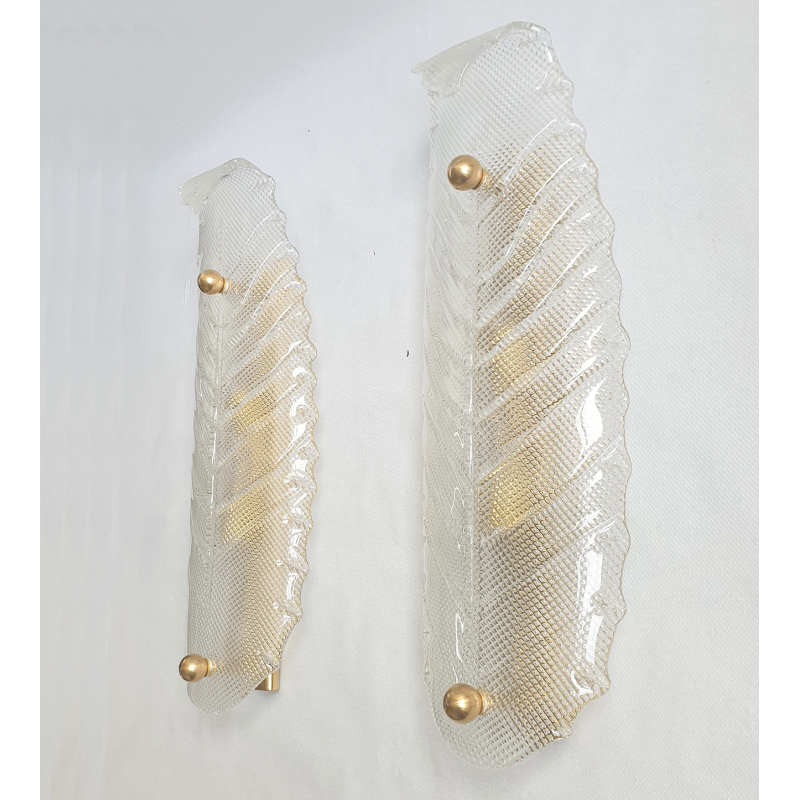 Large mid century transparent Murano glass & brass leaf sconces, Vistosi style Italy 1970s3