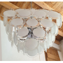 White Murano glass disc and chrome pyramidal chandelier, Vistosi Italy 1980s6