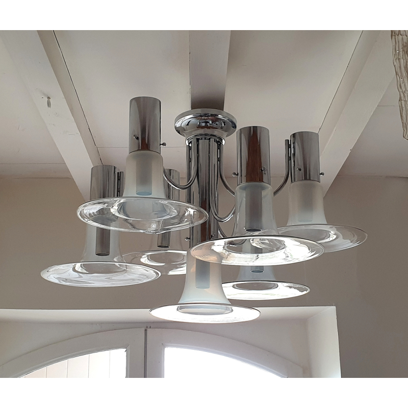Large chrome & opaline glass mid century modern chandelier Carlo Nason for Mazzega style1