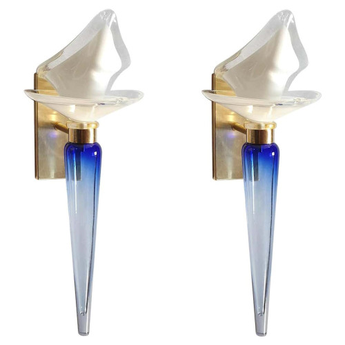 Pair of blue-white vintage Murano glass sconces, Italy 1960s