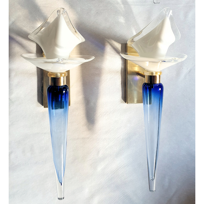 Pair of blue & white vintage Murano glass sconces, Italy 1960s2