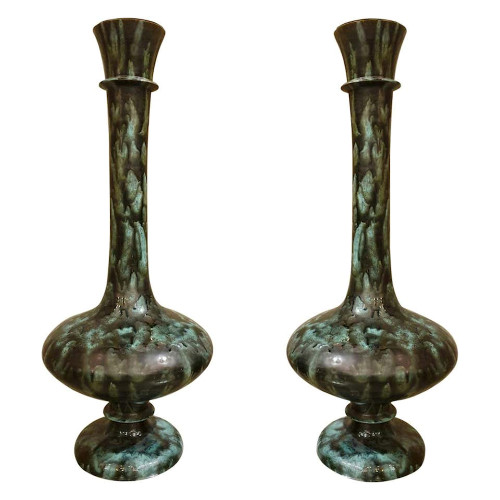 Pair of large green-black ceramic amphora vases mid century modern