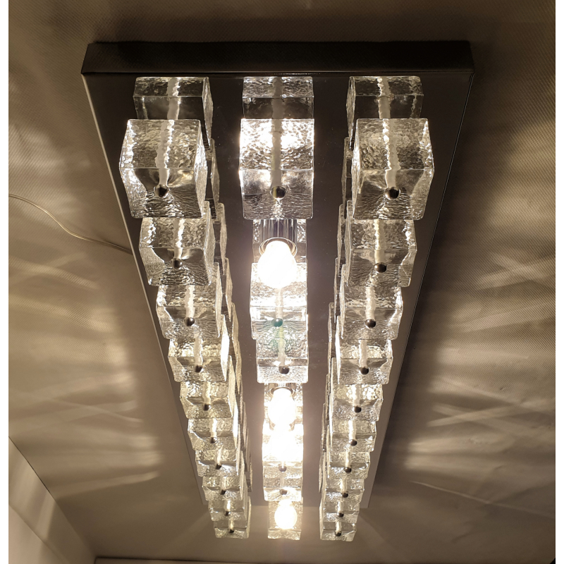 Large geometrical Mid Century modern chrome and Murano glass flush mount chandelier - Sciolari style - Italy -1970 7