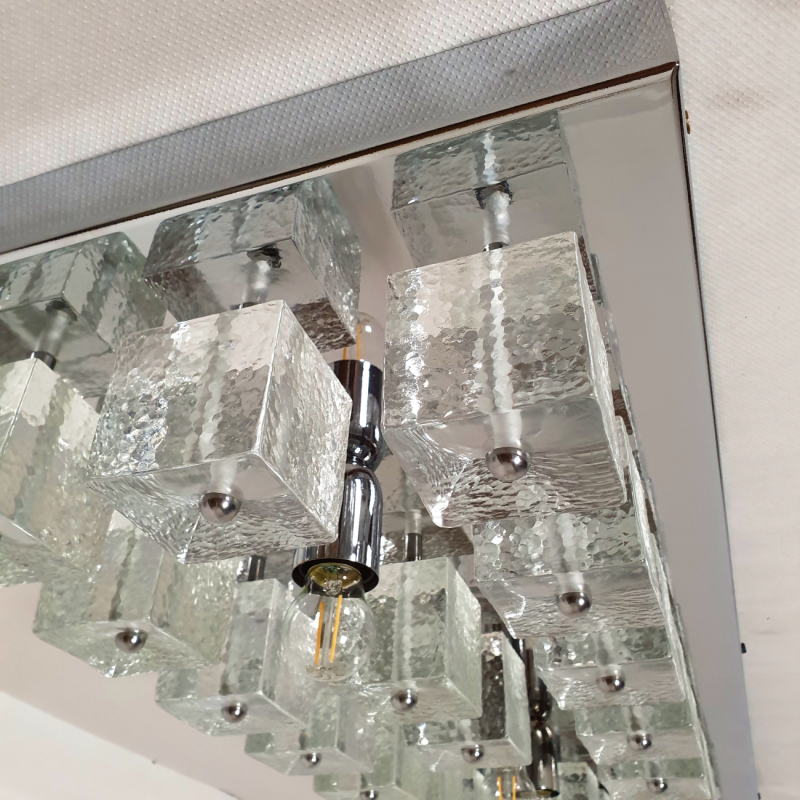 Large geometrical Mid Century modern chrome and Murano glass flush mount chandelier - Sciolari style - Italy -1970 11