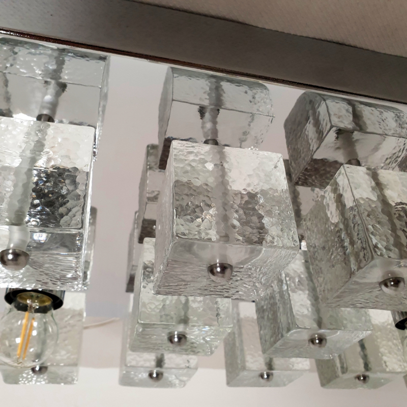 Large geometrical Mid Century modern chrome and Murano glass flush mount chandelier - Sciolari style - Italy -1970 12