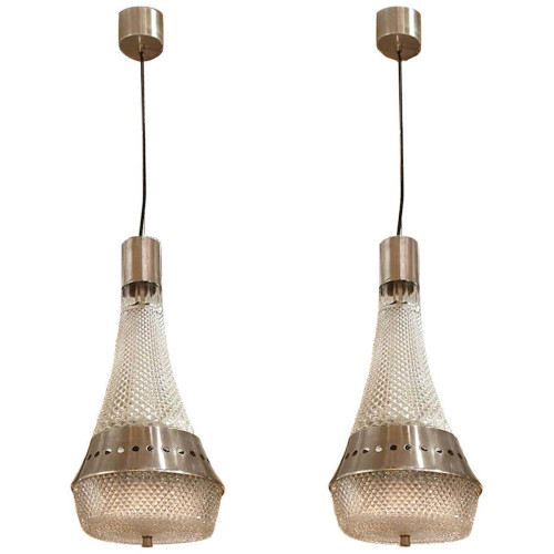 Pair of Glass/chrome pendant lights, Mid Century