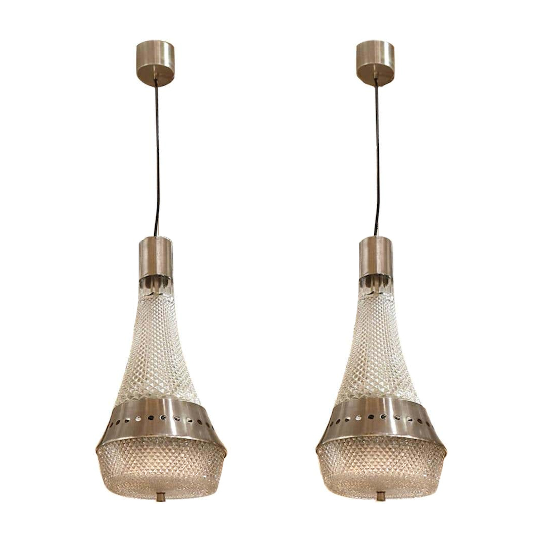 Pair of Glass/chrome pendant lights, Mid Century