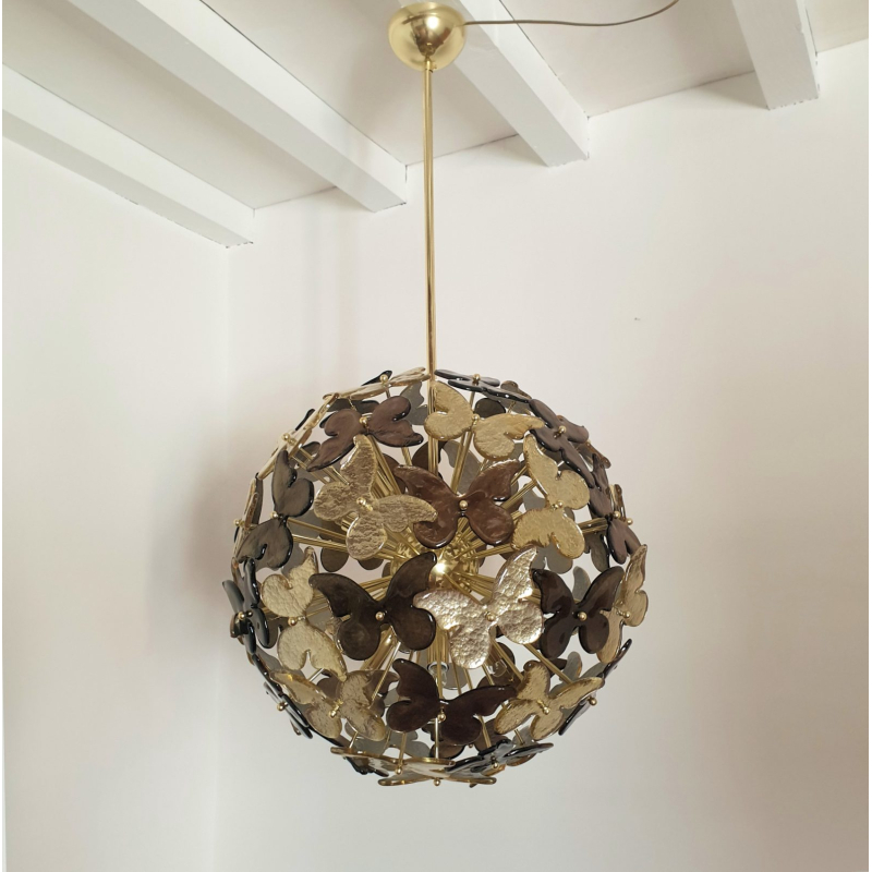 Mid Century modern gold - bronze butterflies Murano glass sputnik chandelier, Mazzega style, Italy 1