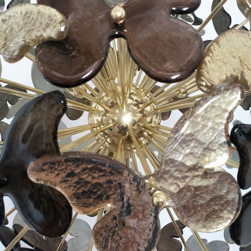 Mid Century modern gold - bronze butterflies Murano glass sputnik chandelier, Mazzega style, Italy 8
