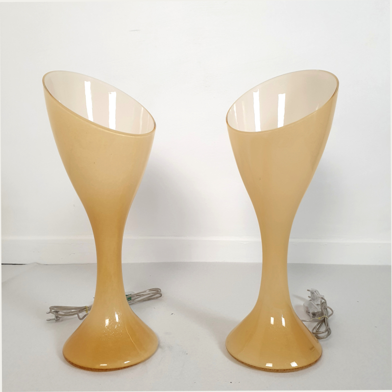 Pair of beige Mid Century Modern Murano glass lamps by Vistosi- stamped-Italy-19780s 1