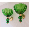Large Mid Century Modern green Murano glass and brass sconces, a pair, Italy, Barovier style, 1980. 1