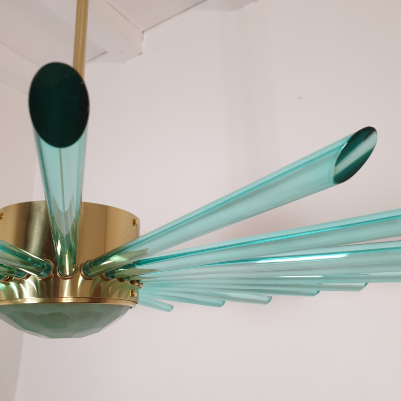 Green Glass and Brass Sputnik Chandelier