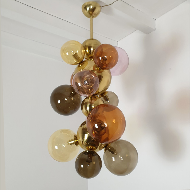 Large Mid Century Modern brass and glass chandelier