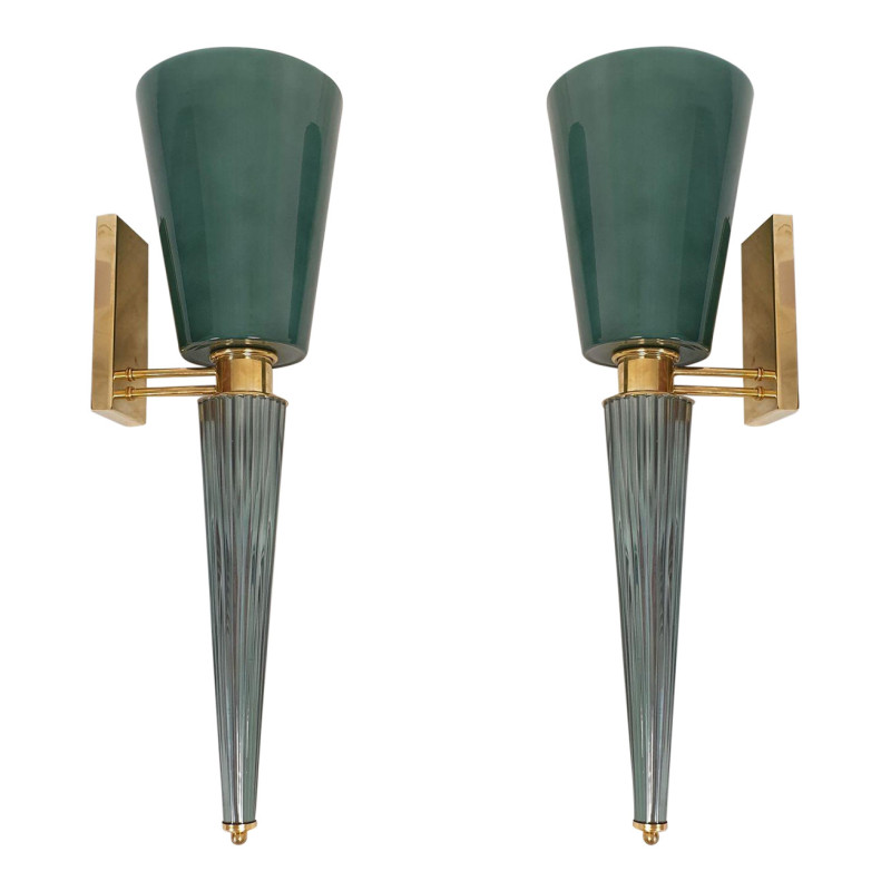 Green Murano glass fluted sconces, Italy 1970 - a pair