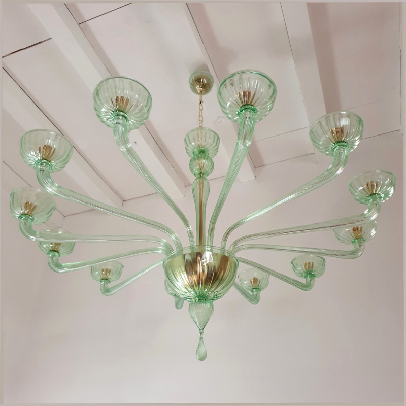 Large green Murano glass chandelier, Mid Century