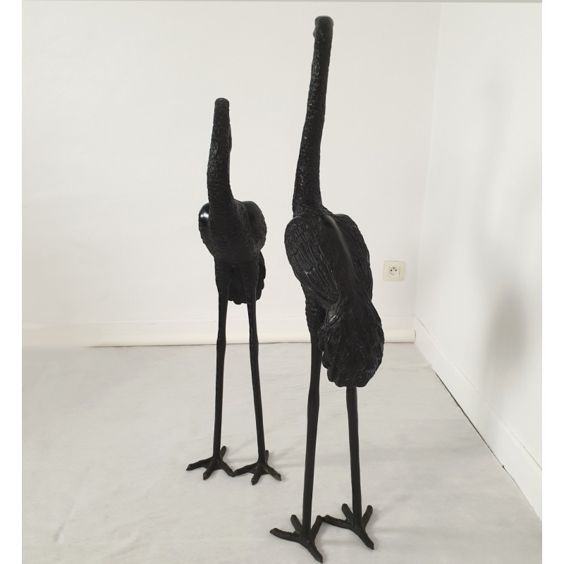 Pair of bronze crane birds sculptures