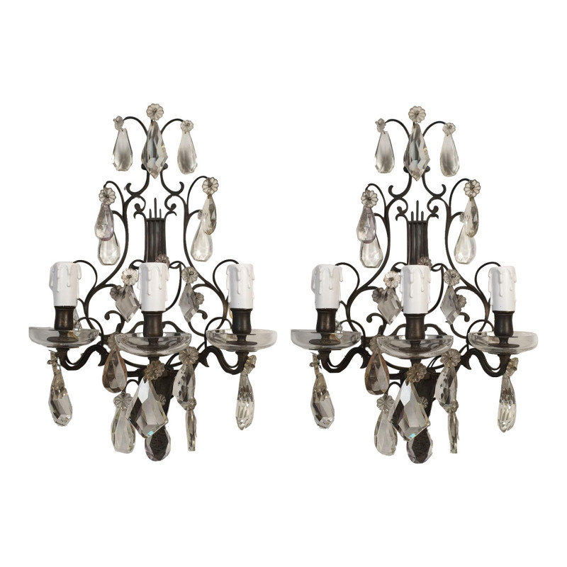 Pair of bronze and crystals French sconces, 1900s