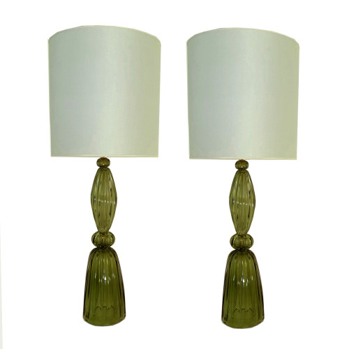 Pair of forest green Murano vintage table lamps, Italy