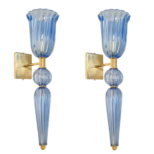 Pair of Torchiere blue Murano sconces 1980s