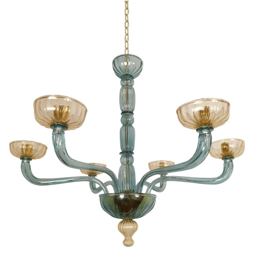 Mid Century Modern blue, gold Murano chandelier - a pair