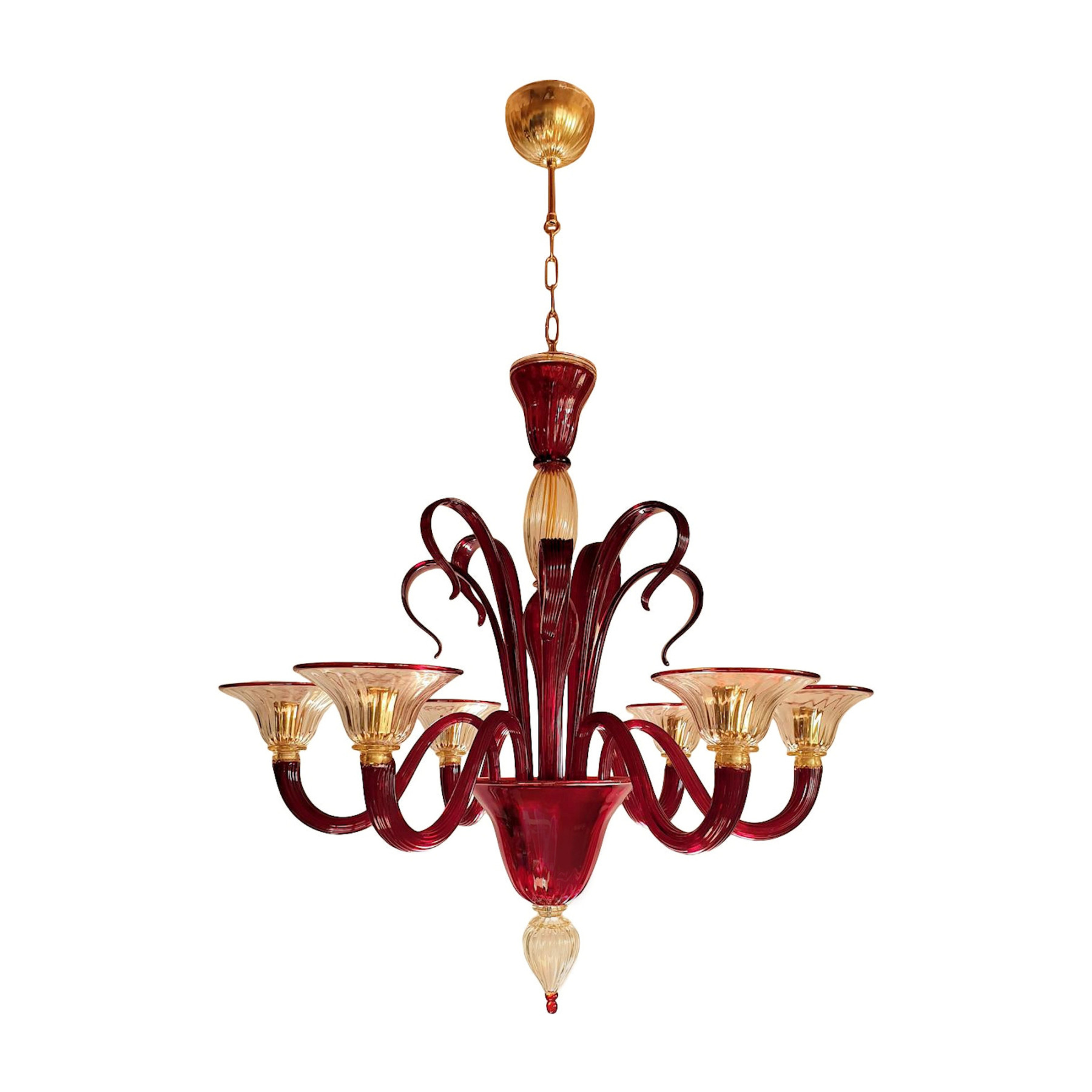 Red and Gold Murano glass chandelier Italy 1960