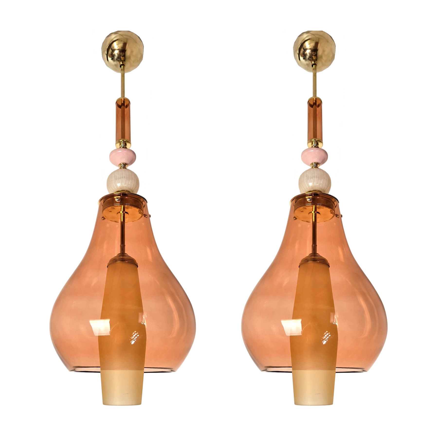 Pair of pink and amber Murano glass pendant lights, Italy 1990s