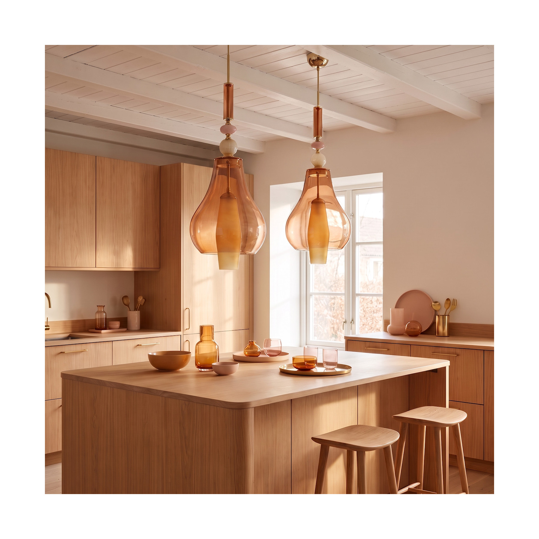 Pair of pink and amber Murano glass pendant lights, Italy 1990s