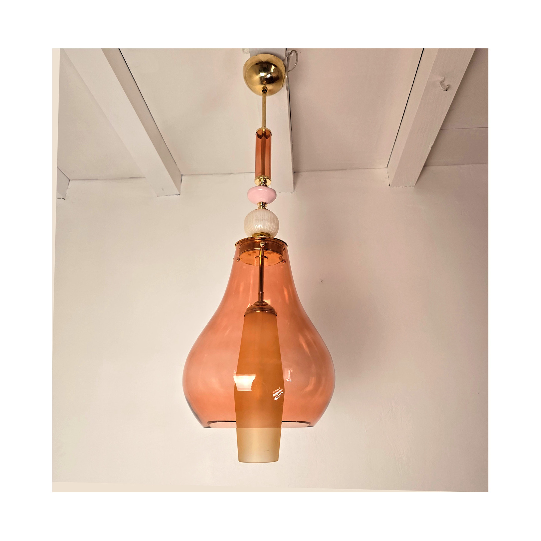 Pair of pink and amber Murano glass pendant lights, Italy 1990s