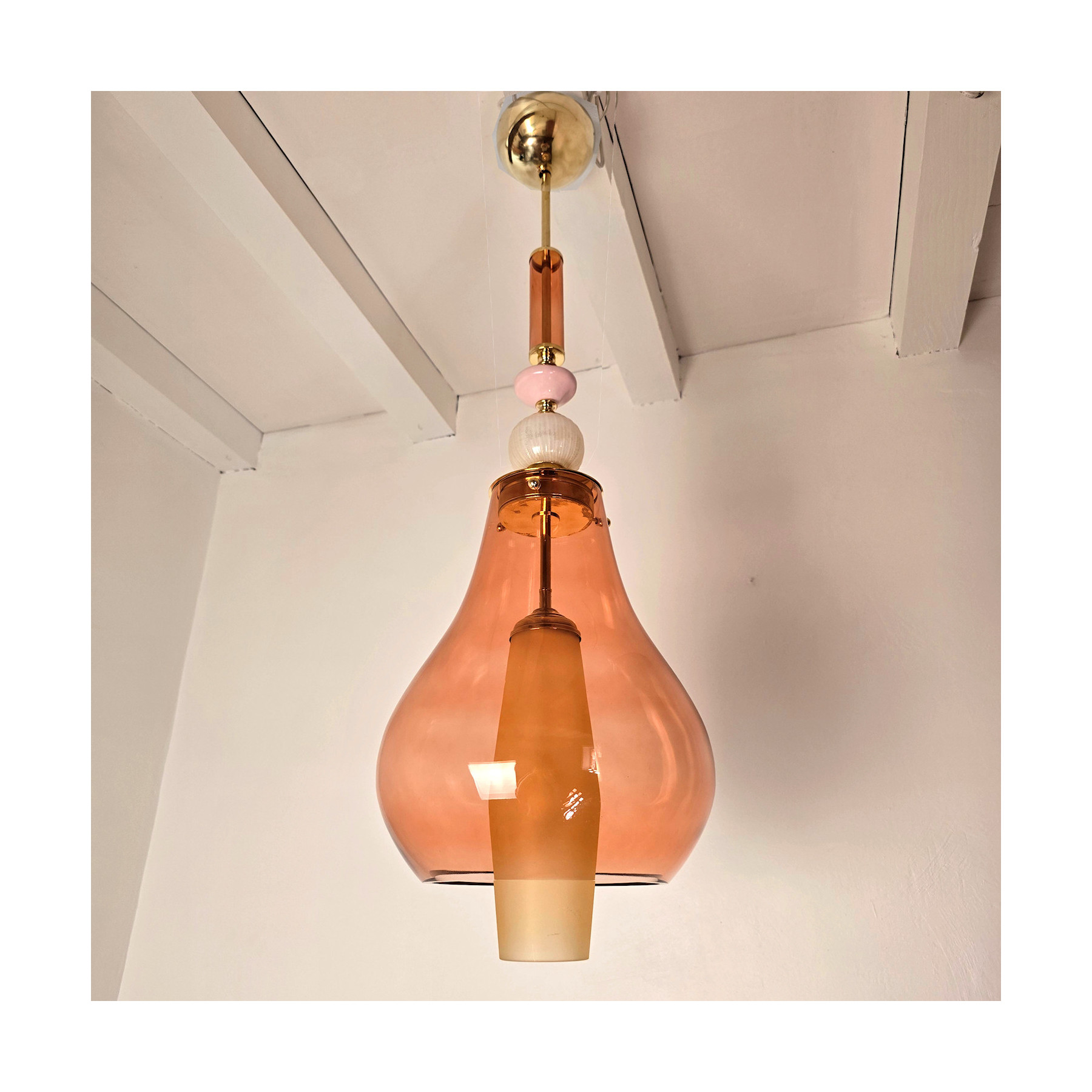 Pair of pink and amber Murano glass pendant lights, Italy 1990s