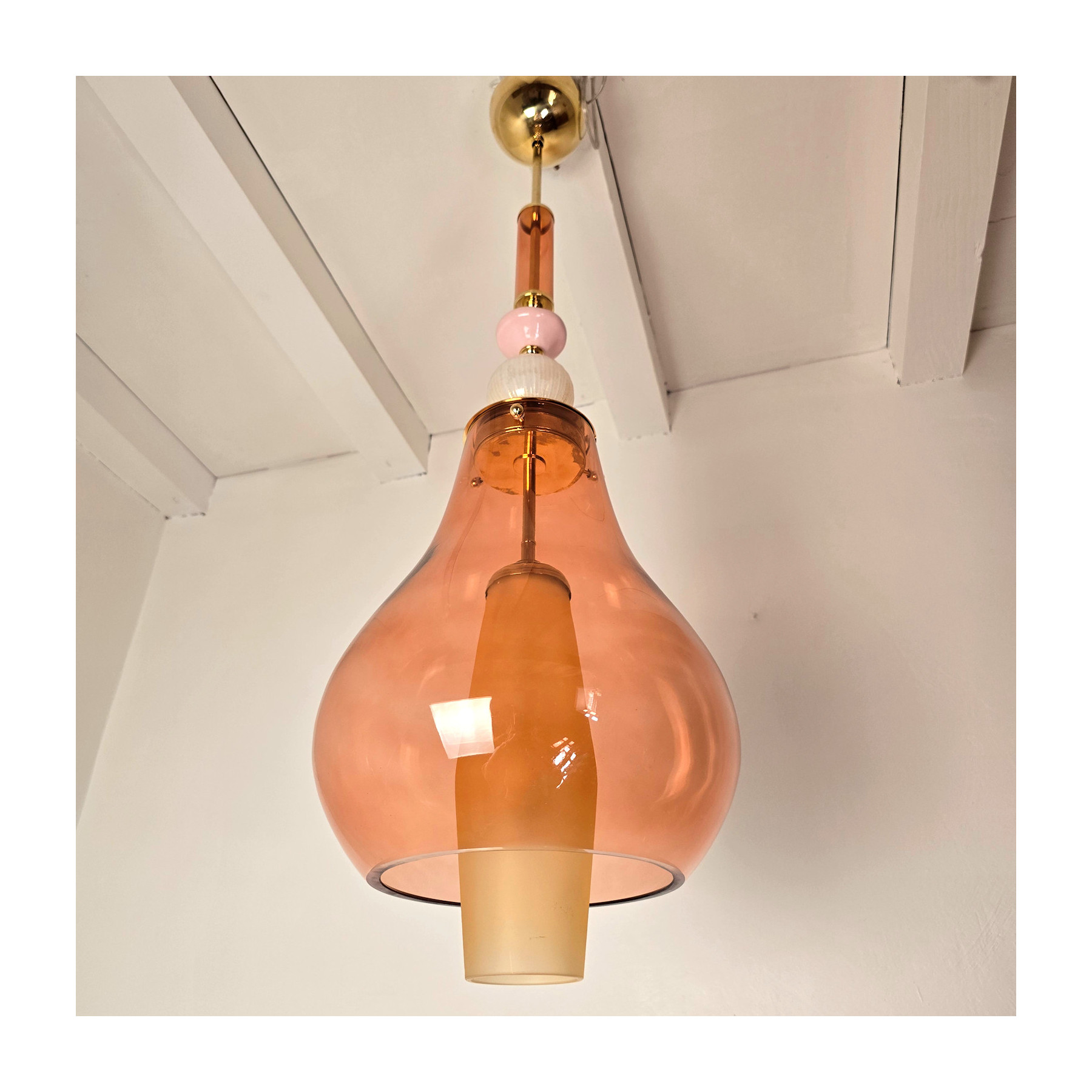 Pair of pink and amber Murano glass pendant lights, Italy 1990s