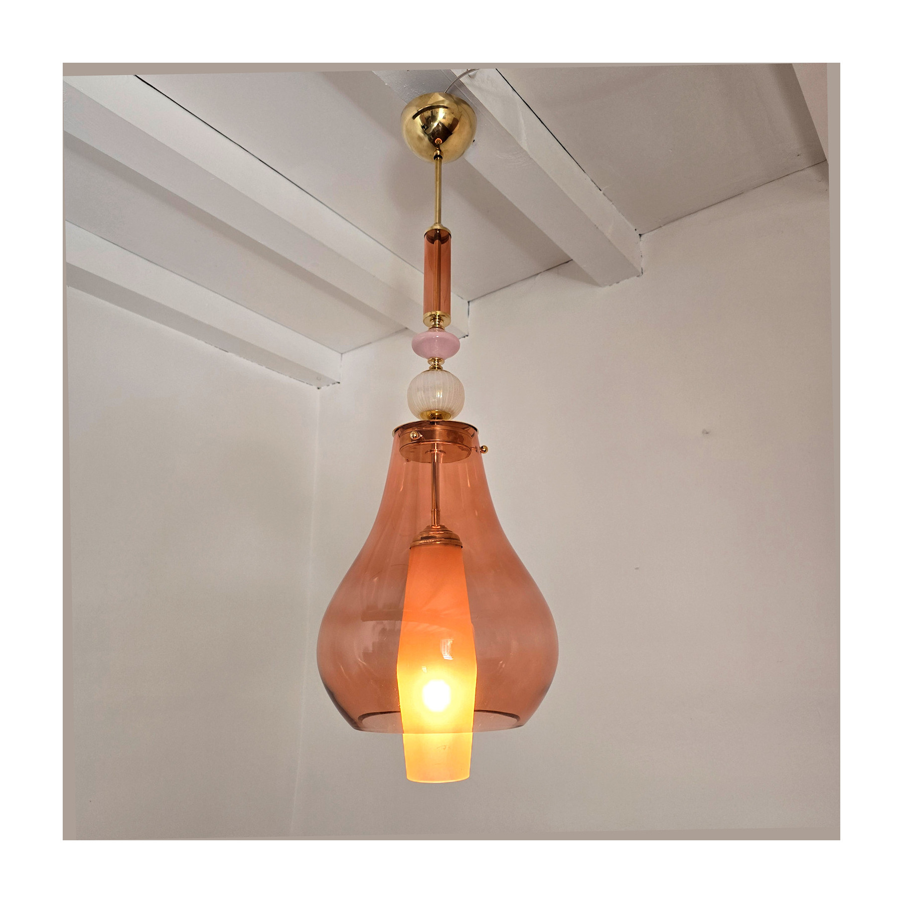 Pair of pink and amber Murano glass pendant lights, Italy 1990s