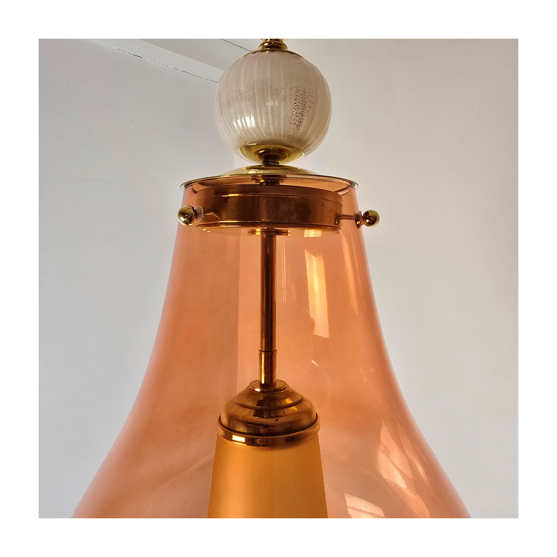 Pair of pink and amber Murano glass pendant lights, Italy 1990s