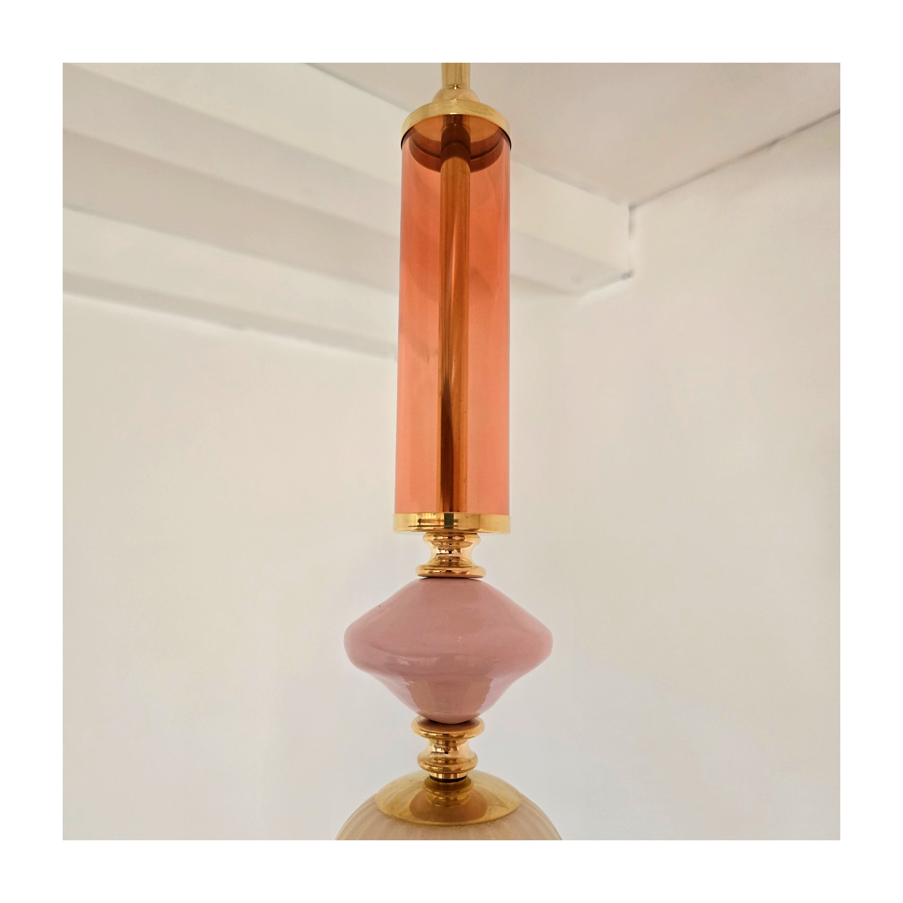Pair of pink and amber Murano glass pendant lights, Italy 1990s