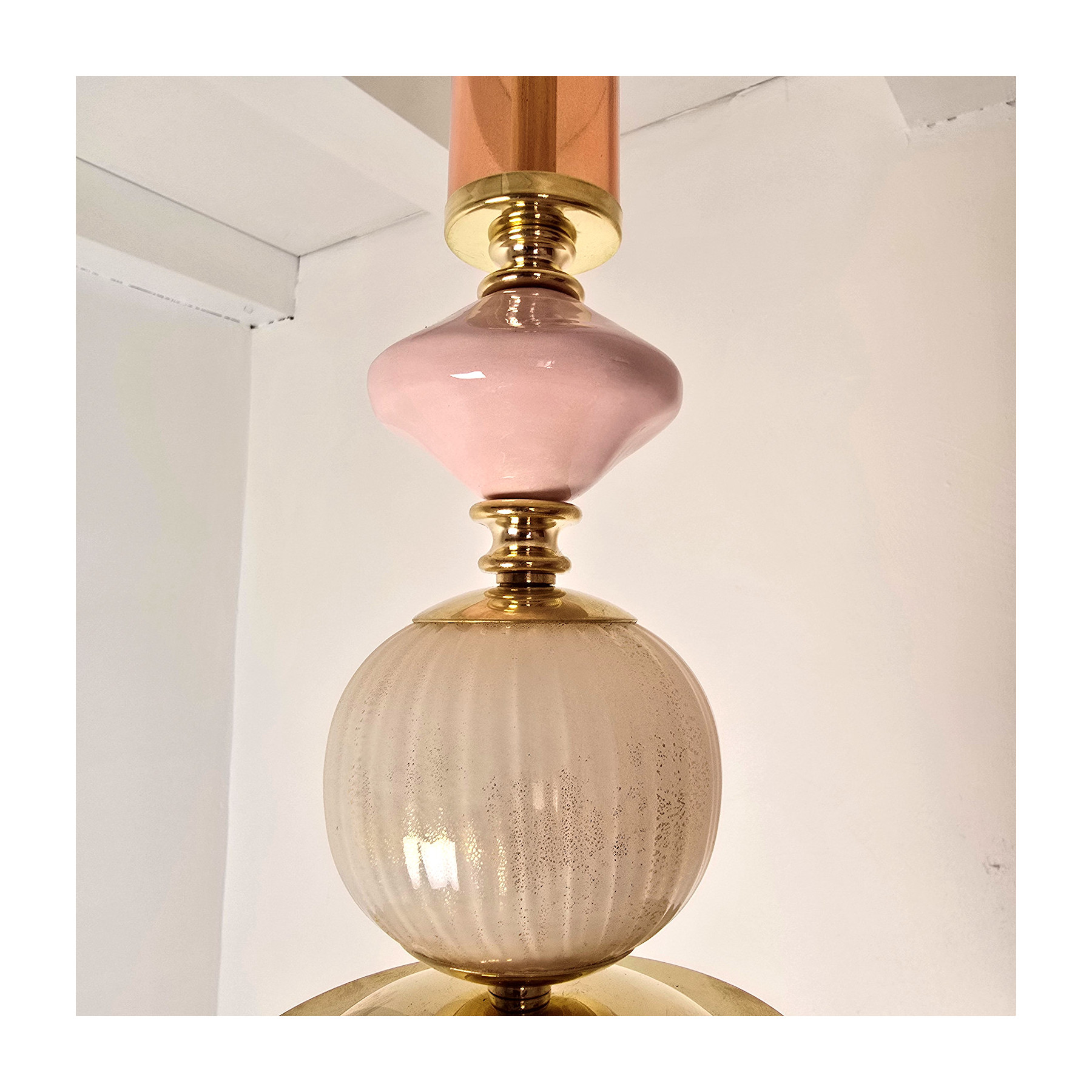 Pair of pink and amber Murano glass pendant lights, Italy 1990s